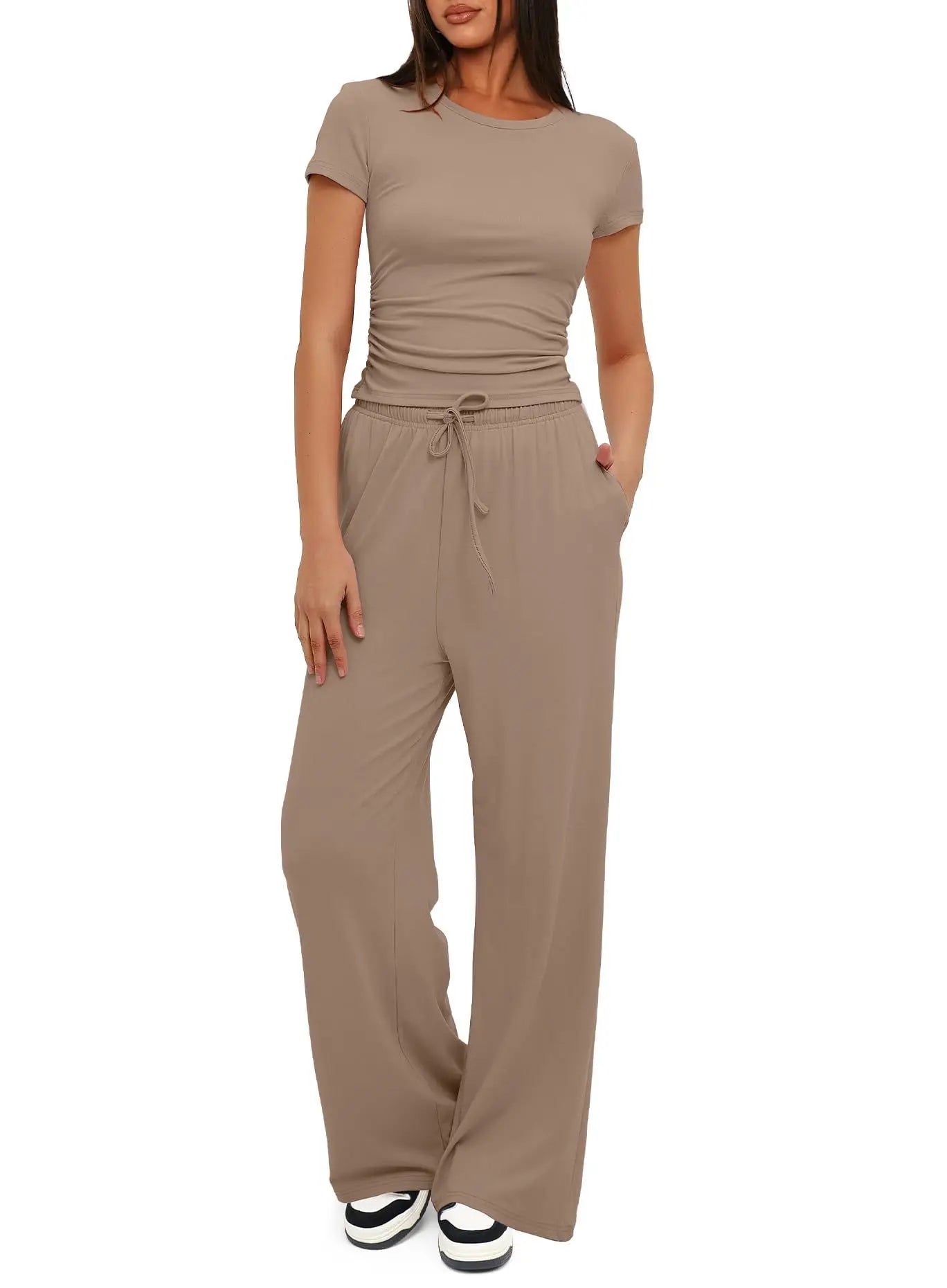 Stijlvolle Dames Twee-delige Set: T-shirt en Wijde Broek met Hoge Taille - Perfect voor Yoga, Sport en Casual Wear in Levensgrote Kleuren!