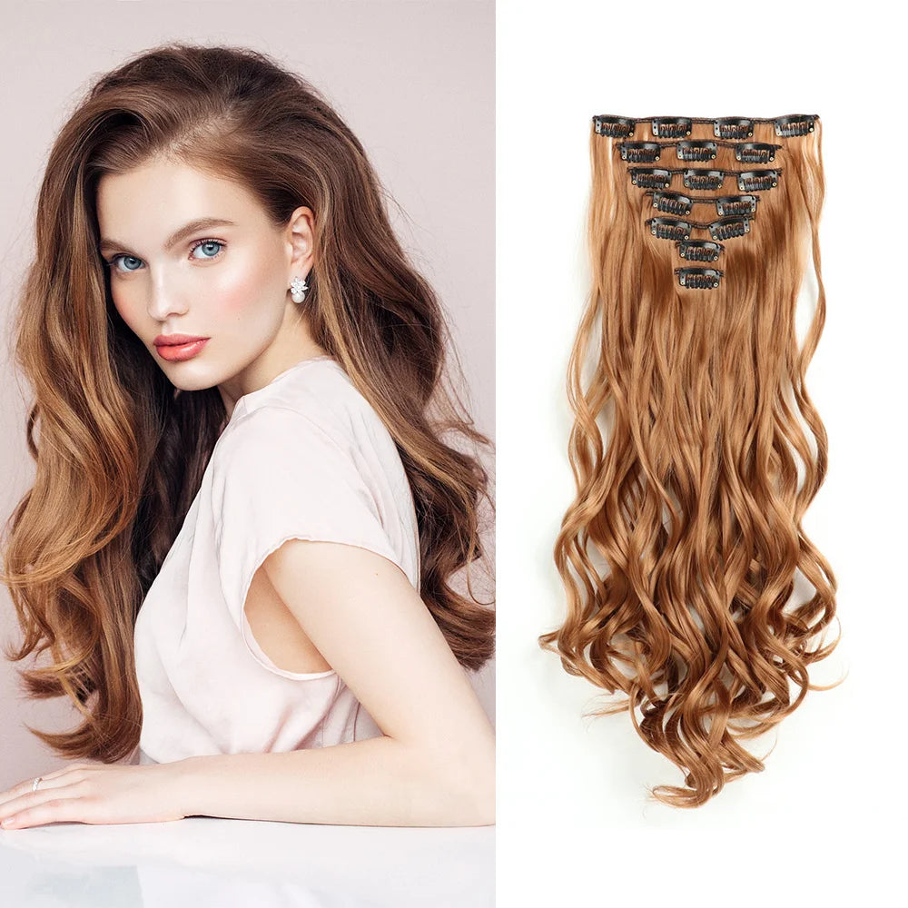 Luxe 22-Inch Krullend Golvend Clip-In Haar Extensions - 7-Delige Set voor een Volle Hoofd met Adembenemend Haar voor Vrouwen en Meisjes!