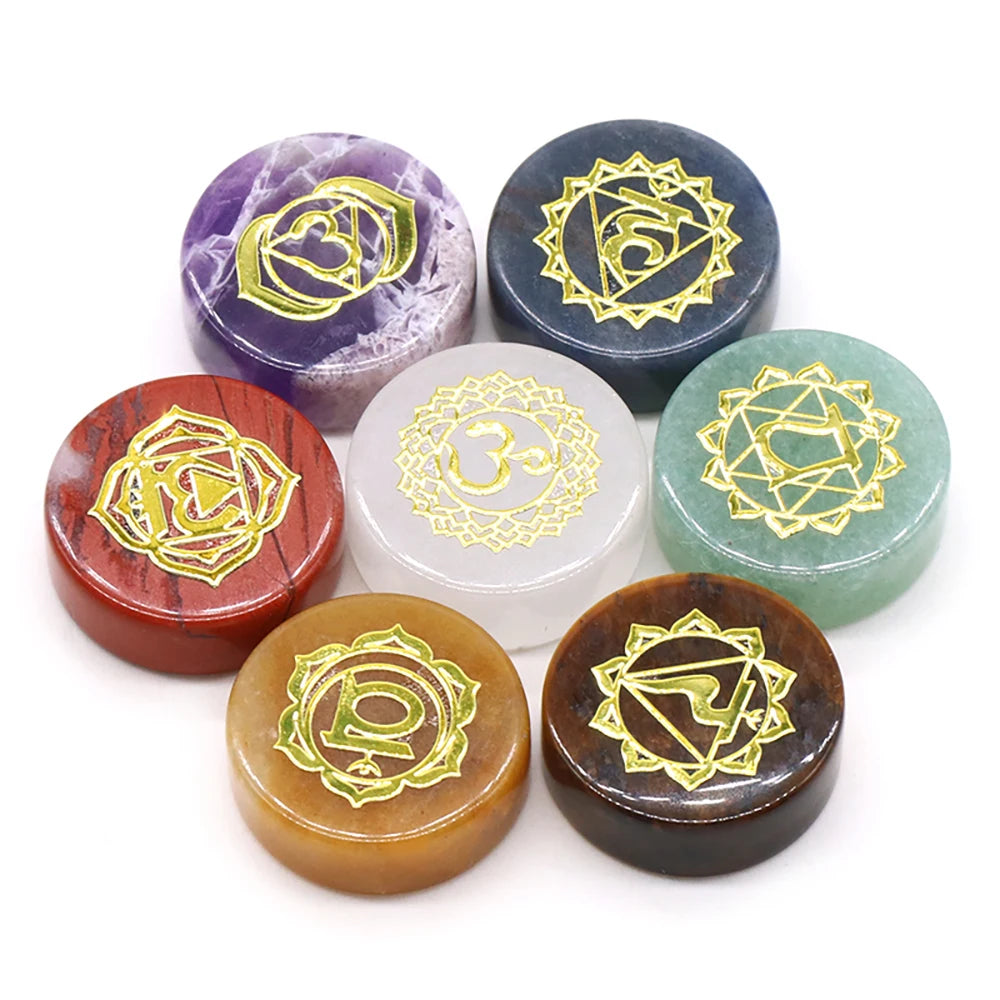 7-Pak Rond 7 Chakra Natuurlijke Steen Versieringen (16-18mm) - Amethist Kwarts Energie Stickers voor Reiki, Divinatie en Genezing