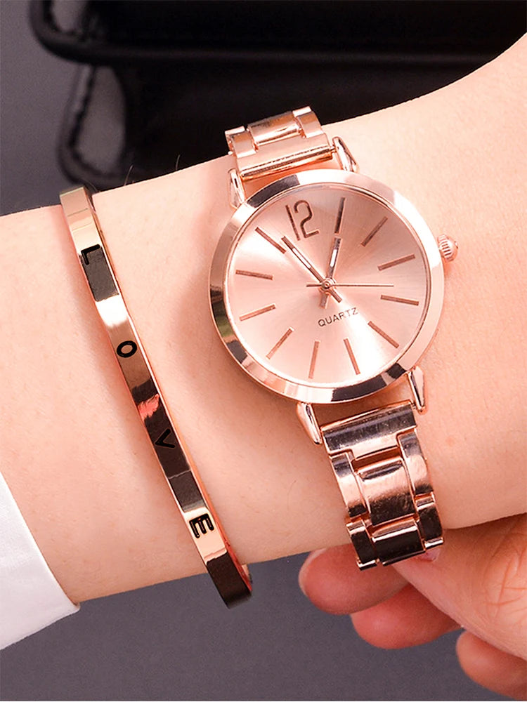 Chique Dames Zilveren Stalen Kwarts Horloge & Stijlvolle LOVE Armband Set - 2 Delige Bundel