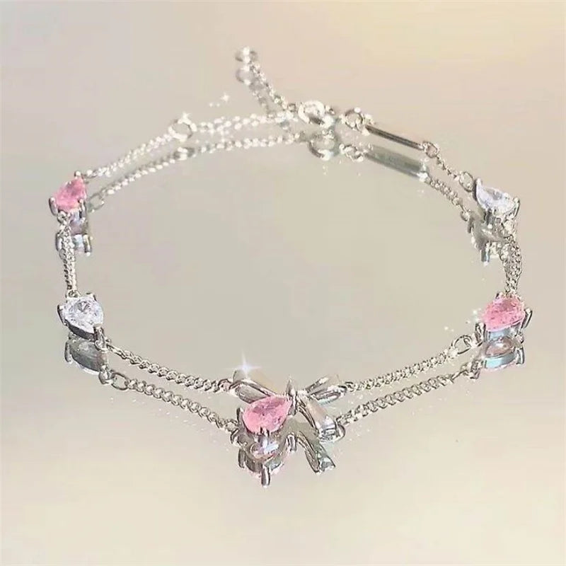 Charmante Kristallen Bloemenarmband voor Vrouwen - Y2K Zoete Meisjes' Maan Kersenbloesem Strik Zircon Luxe Sieraden Cadeau