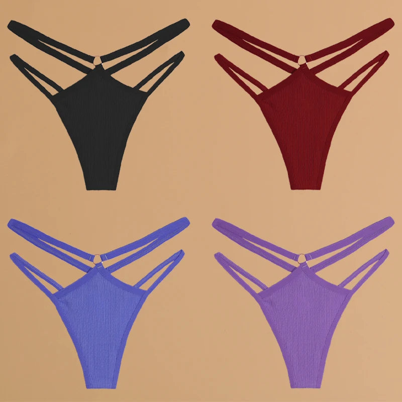 FINETOO 4Stuks Dames Stijlvolle Katoenen Thongs - Sexy Lage Taille Gestreepte en Effen Ademende Ondergoedset