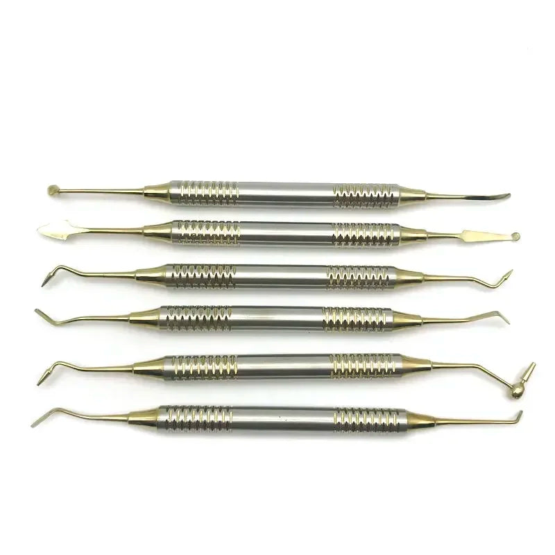 Premium 6-delig set voor het vullen van tandheelkundige composiethars met spatels met titanium-geplateerde koppen - Ideale restauratietools voor tandheelkundige professionals