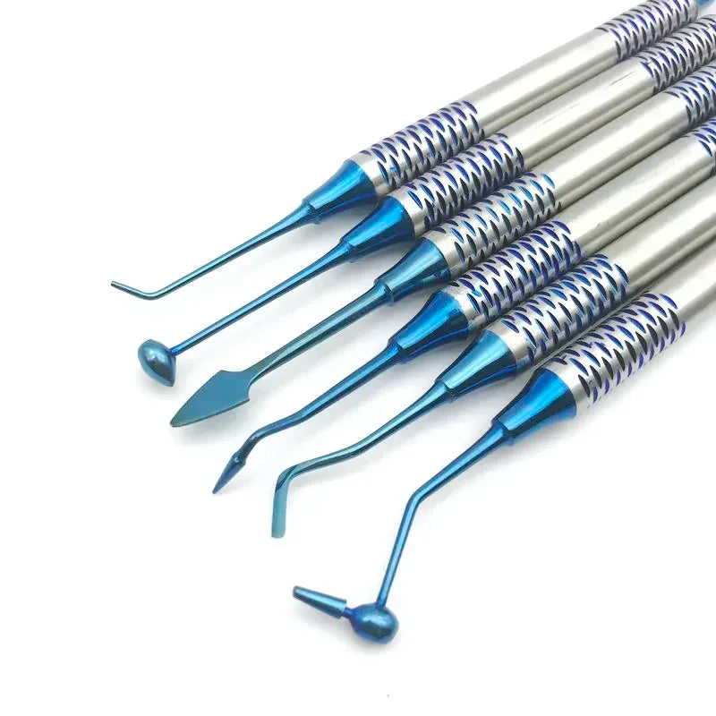 Premium 6-delig set voor het vullen van tandheelkundige composiethars met spatels met titanium-geplateerde koppen - Ideale restauratietools voor tandheelkundige professionals