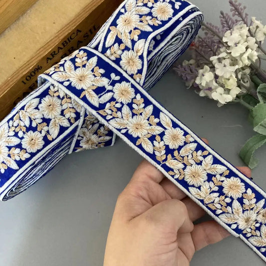 Blue Gold Embroidered Lace Trim 3.6cm Wide Ethnic Style Ribbon Sewing Trim for Clothing Hair Accessories