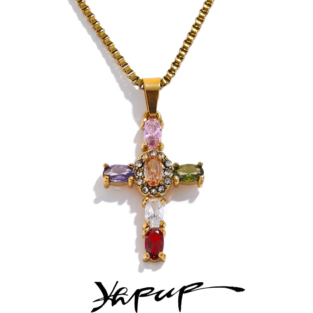 Yhpup Elegante Kleurrijke Sprankelende Cubic Zirconia Kruzifiks Hanger Ketting - Premium RVS Luxe Sieraden Cadeau