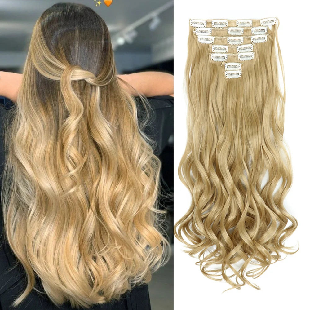 Luxe 22-Inch Krullend Golvend Clip-In Haar Extensions - 7-Delige Set voor een Volle Hoofd met Adembenemend Haar voor Vrouwen en Meisjes!