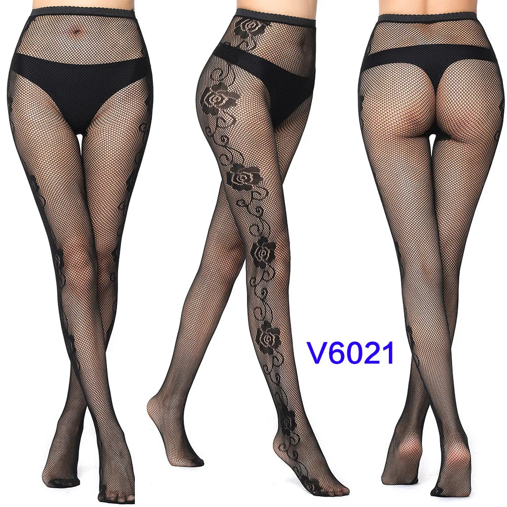 Verleidelijk Kant Viskouskous met Jacquard Weefsel – Naadloze Gotische Kousen met Garter en Ruitpatroon in Zwart