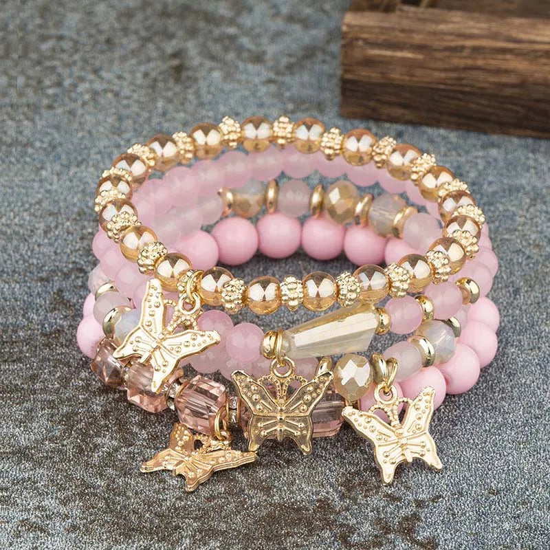 Chique 4-delige Vlinder Foparmbandenset voor Vrouwen – Stijlvolle Roze Acryl Kralen met Elastische Ketting – Perfecte Boheemse Feestjuwelen Cadeau