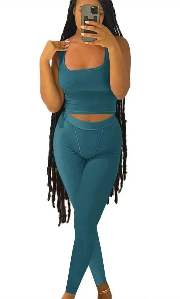 Chique Geribbelde 2-delige Zomer Lounge Set voor Vrouwen: Comfortabele Top & Rekbare Leggings Combinatie