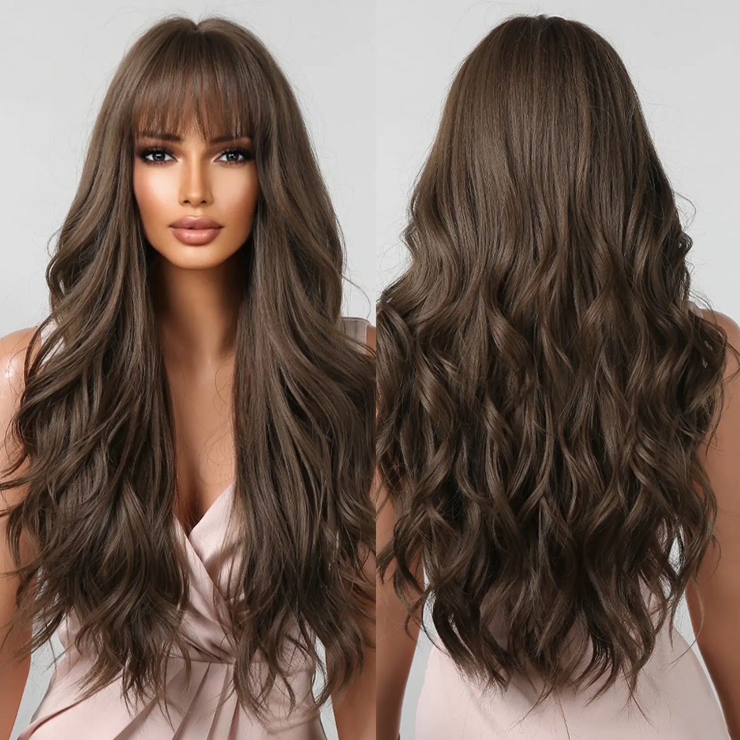 Luxe Lange Bruine Golvende Pruik met Pony - Hittebestendige Natuurlijke Look voor Dagelijks Gebruik en Cosplay
