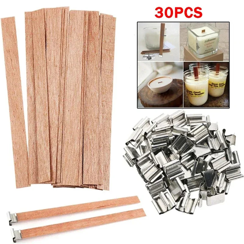 Wooden Candle Wicks with Metal Base Holders Flat Wood Wick Cores for DIY Soy Wax Candle Making