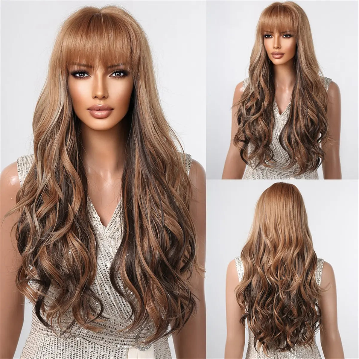 Luxe Lange Bruine Golvende Pruik met Pony - Hittebestendige Natuurlijke Look voor Dagelijks Gebruik en Cosplay