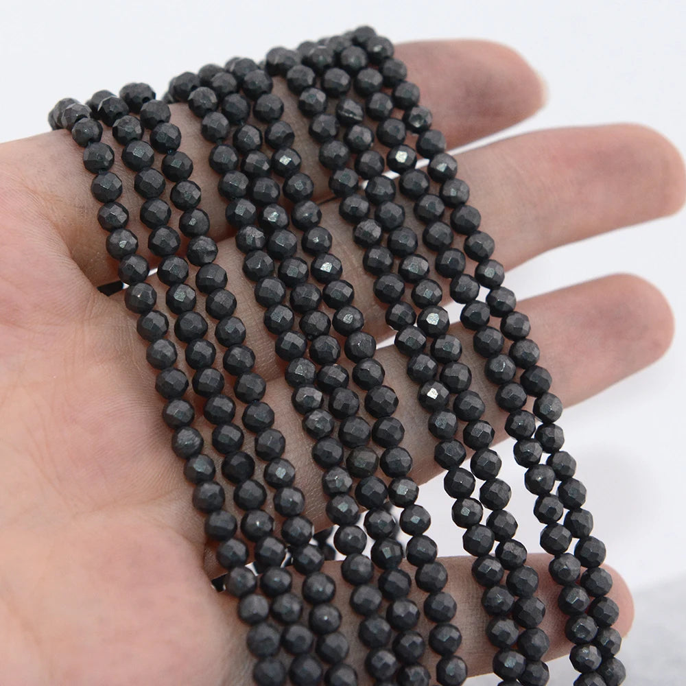 Natural Shungite Faceted Round Beads 2mm 3mm 4mm 15 Inch Strand Genuine Matte Black Gemstone for Jewelry Making