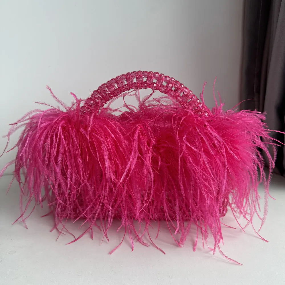 Chic Parelsnoer & Veer Bont Handtas - Designer Acryla Kristallen Doos Tote voor Dames, Handgemaakte Elegantie voor Feesten