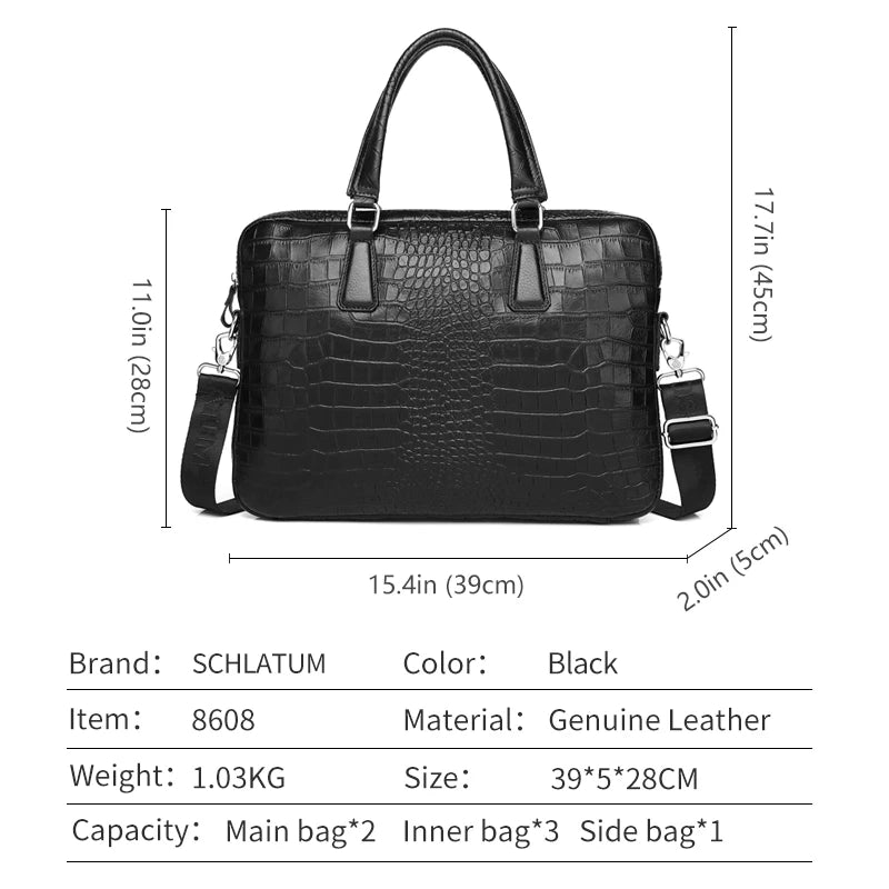 Exquise SCHLATUM Echt Leren Krokodillenprint Aktetas voor Mannen - Sofisticated 15,6 Inch Laptop Tas, Perfect voor Zaken en Luxe Reizen