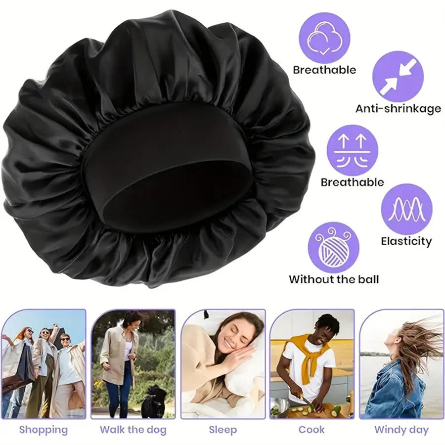 Luxueuze Extra Grote Zijde Bonnet voor Vrouwen met Brede Rand - Stijlvolle en Comfortabele Slaapmuts voor Dagelijks Gebruik