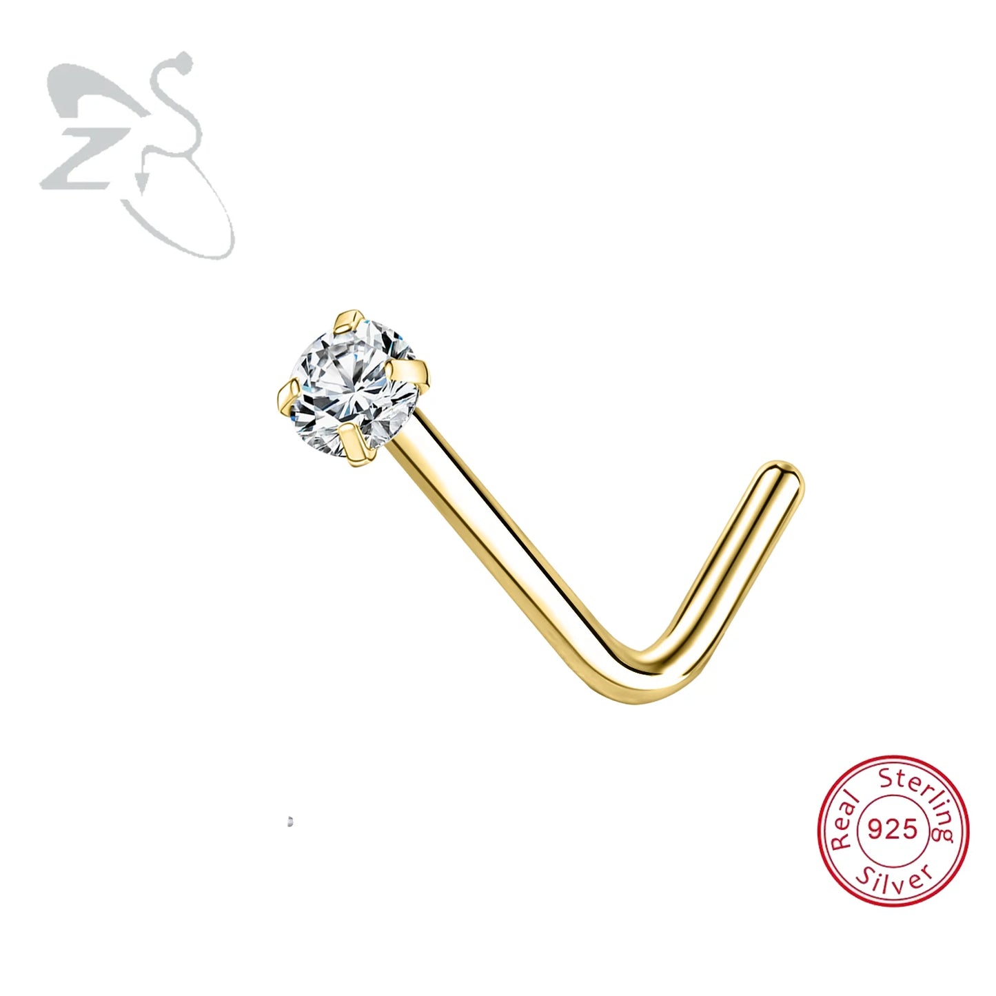 Elegante 925 Sterling zilveren L-vormige neussteker met gouden kleur kristal - Perfect voor neuspiercing (2-3,5 mm)
