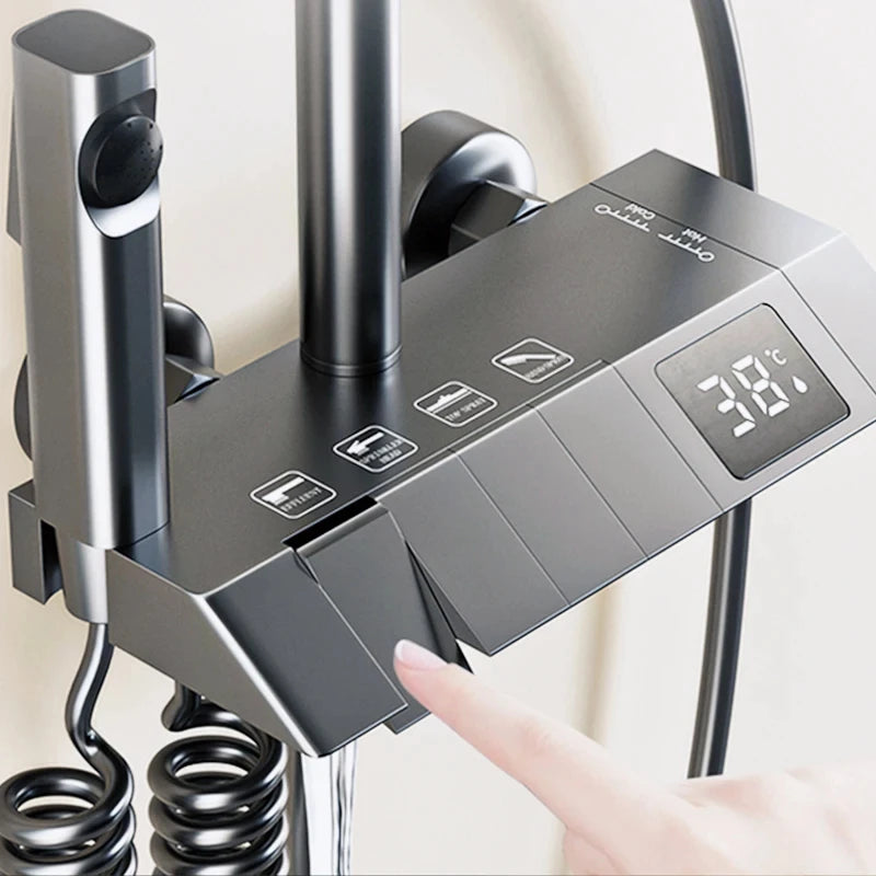 Stijlvol Piano Toets Douche Systeem: Compleet Badkamer Douche Set met LED Digitale Weergave en Koper Armaturen voor Warm en Koud Water Genot