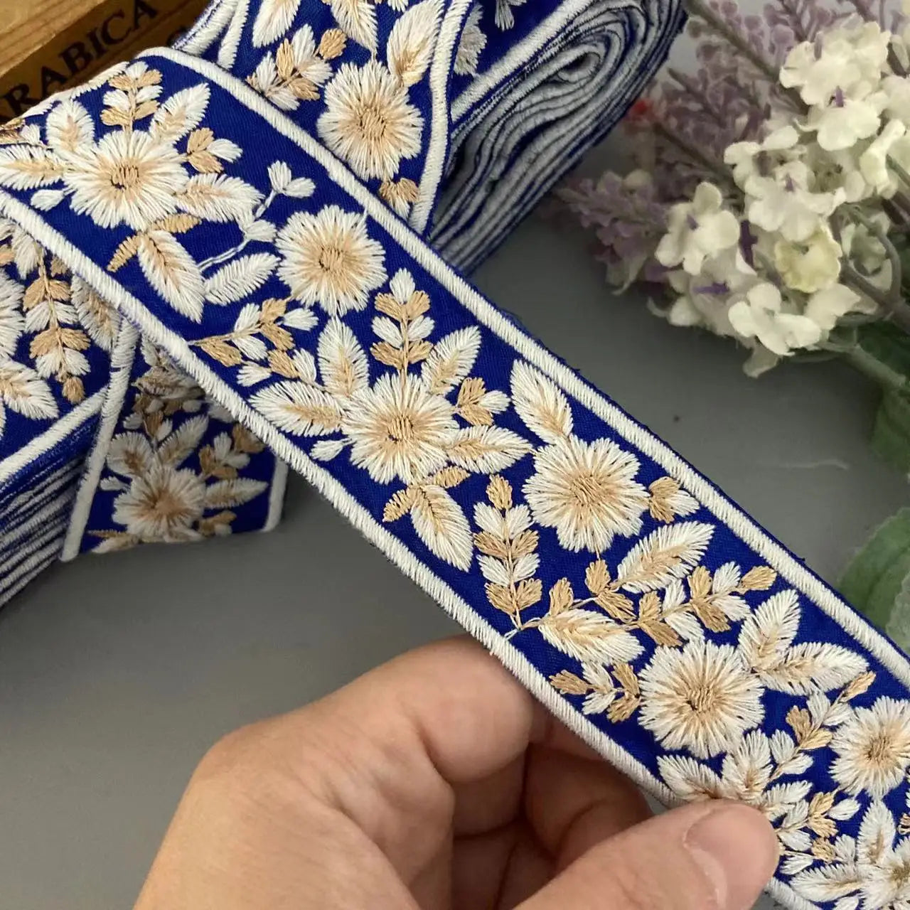 Blue Gold Embroidered Lace Trim 3.6cm Wide Ethnic Style Ribbon Sewing Trim for Clothing Hair Accessories