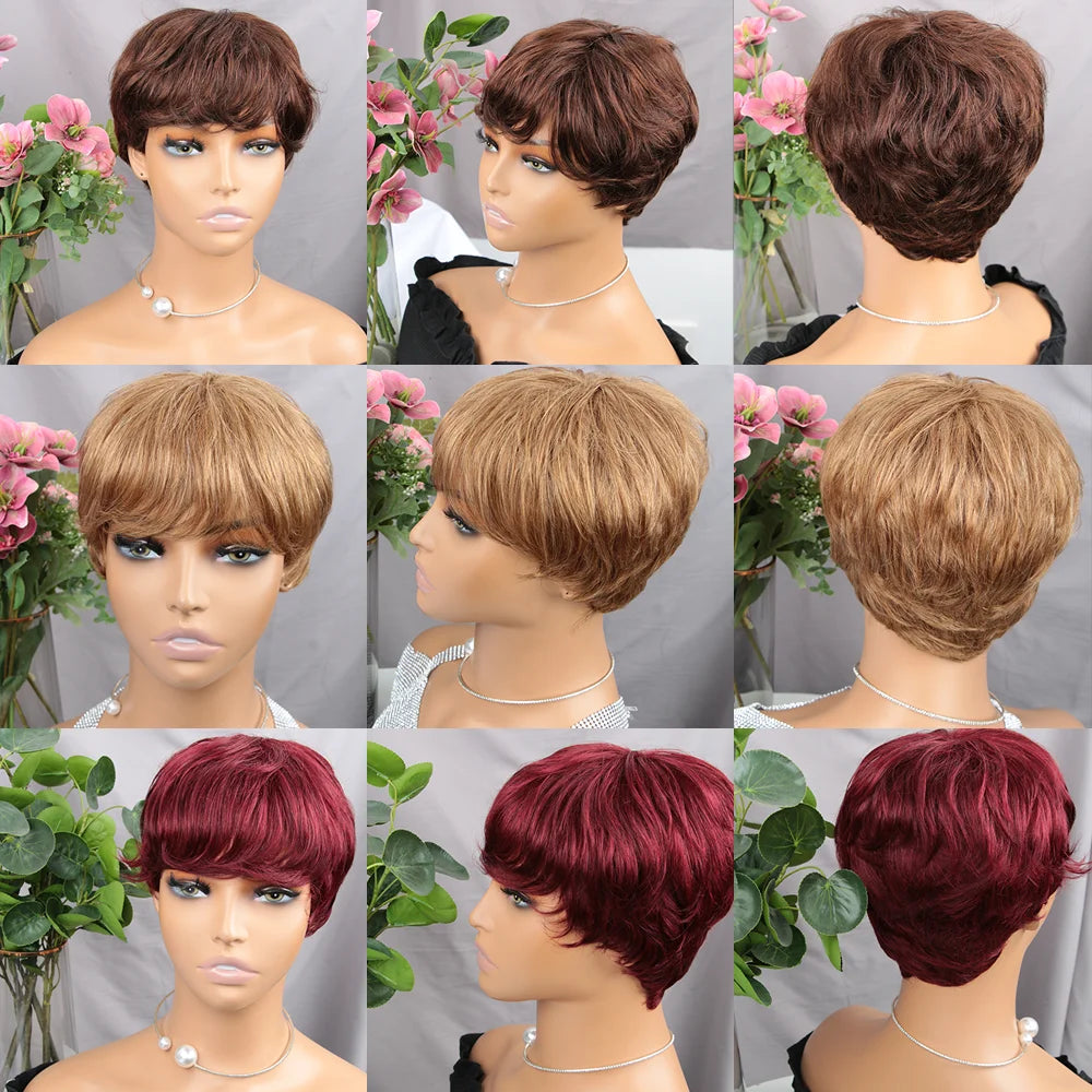Chic Bruine Korte Pixie Pruik voor Zwarte Vrouwen - Stijlvolle Machine-Gemaakte Menselijk Haar Pruik met Pony, Met Mooie Gekleurde Braziliaanse Lokken