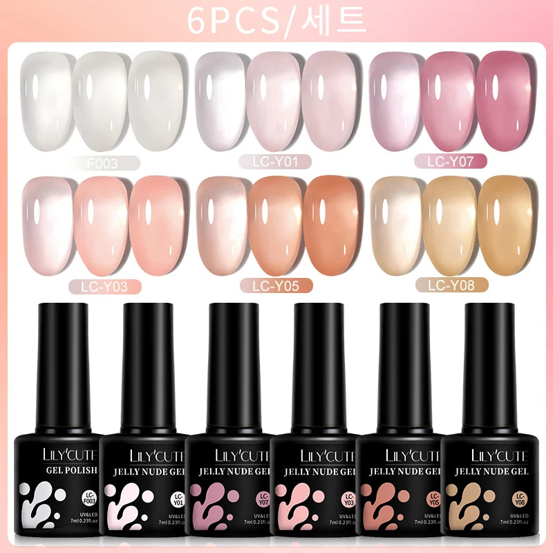 LILYCUTE 6-Delige Dromerige Jelly Roze Nude Gel Nagellak Set - 7ml Semi-Permanente Soak Off voor Verbluffende Nagelkunst Manicures