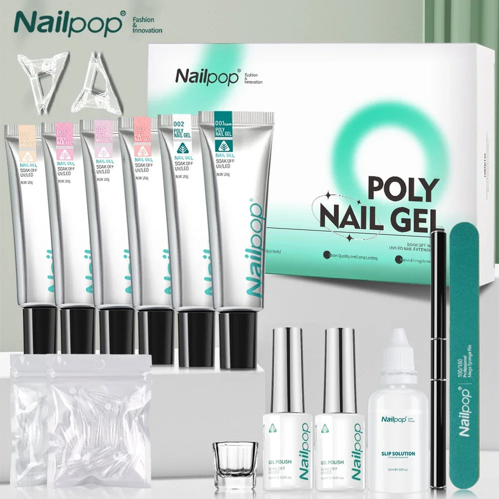 Vibrant Nailpop Poly Nagelverlengingsgel Kit - 6 Adembenemende Kleuren: Roze, Wit en Nude Tips met Heldere Gel, Compleet Nagelkunstset Inclusief Borstel en Slipoplossing voor Salonkwaliteit Nagels Thuis!