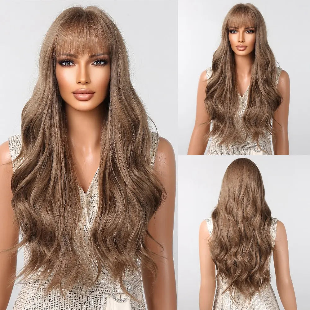 Luxe Lange Bruine Golvende Pruik met Pony - Hittebestendige Natuurlijke Look voor Dagelijks Gebruik en Cosplay