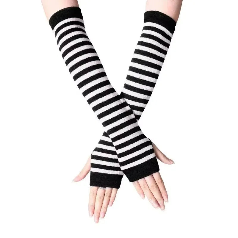 Gezellige Winter Dames Halve Vingerhandschoenen - Zachte Wolachtige Gebreide Ontwerp in Elegant Zwart en Wit