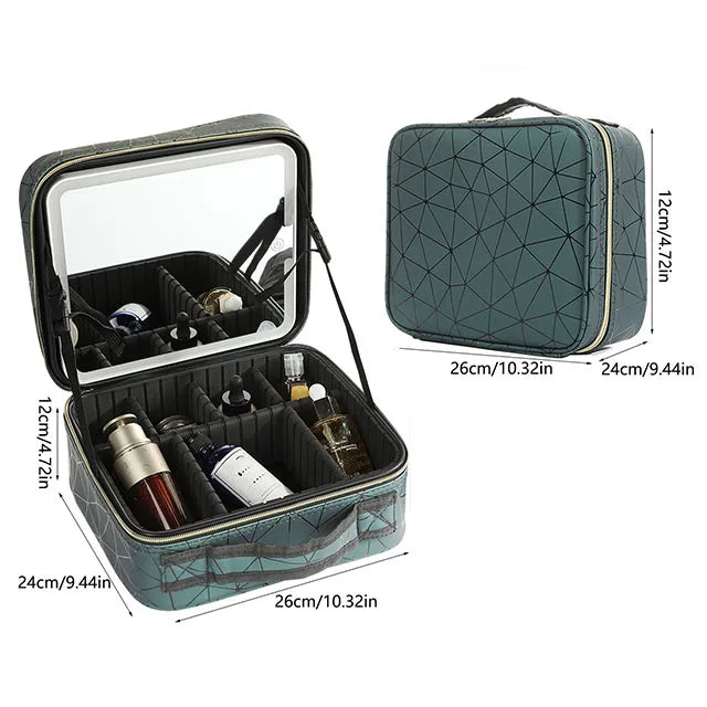 Strakke LED-verlichte cosmetica-etui met spiegel - Stijlvolle PU leren draagbare reismake-up organizer - Waterdichte make-upopslagoplossing