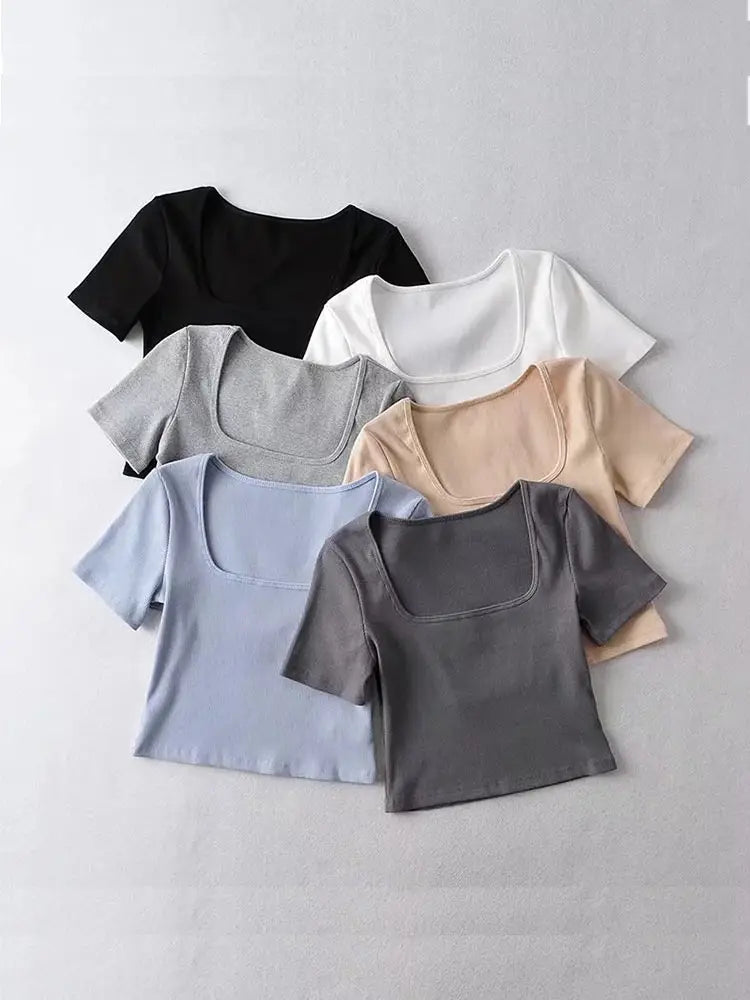 Chic Dames Vierkante Hals Geribbelde Crop Tee met Korte Mouwen