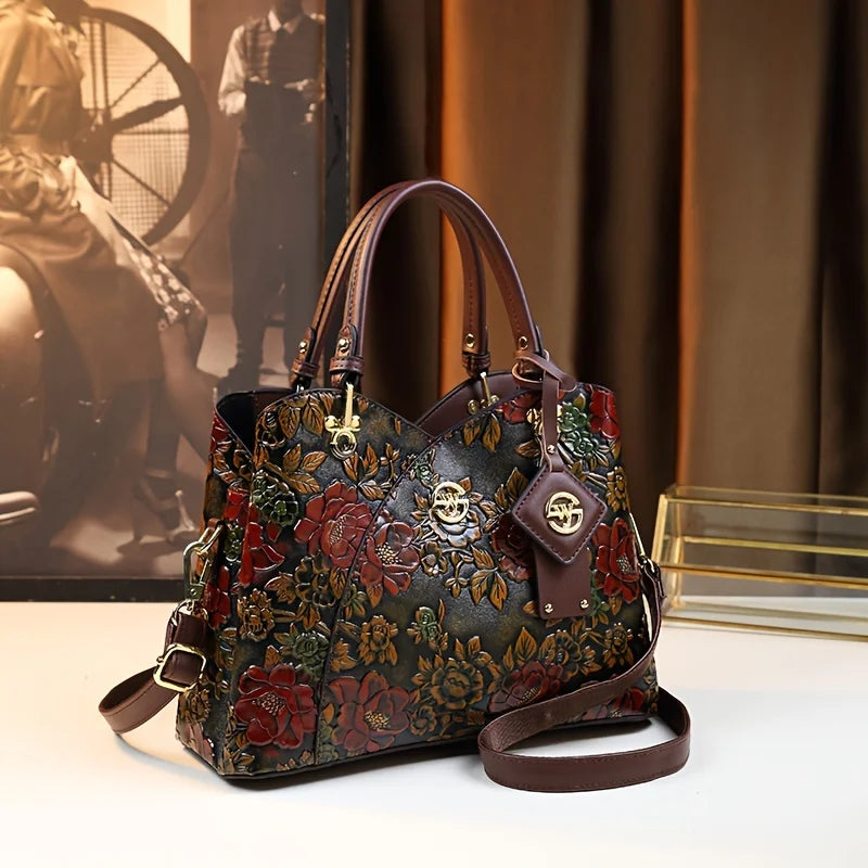 Chic Vintage Bloemen Handtas - Elegante PU Leren Schoudertas & Mode Crossbody Tas voor Vrouwen