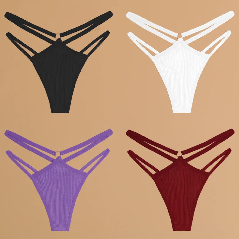 FINETOO 4Stuks Dames Stijlvolle Katoenen Thongs - Sexy Lage Taille Gestreepte en Effen Ademende Ondergoedset