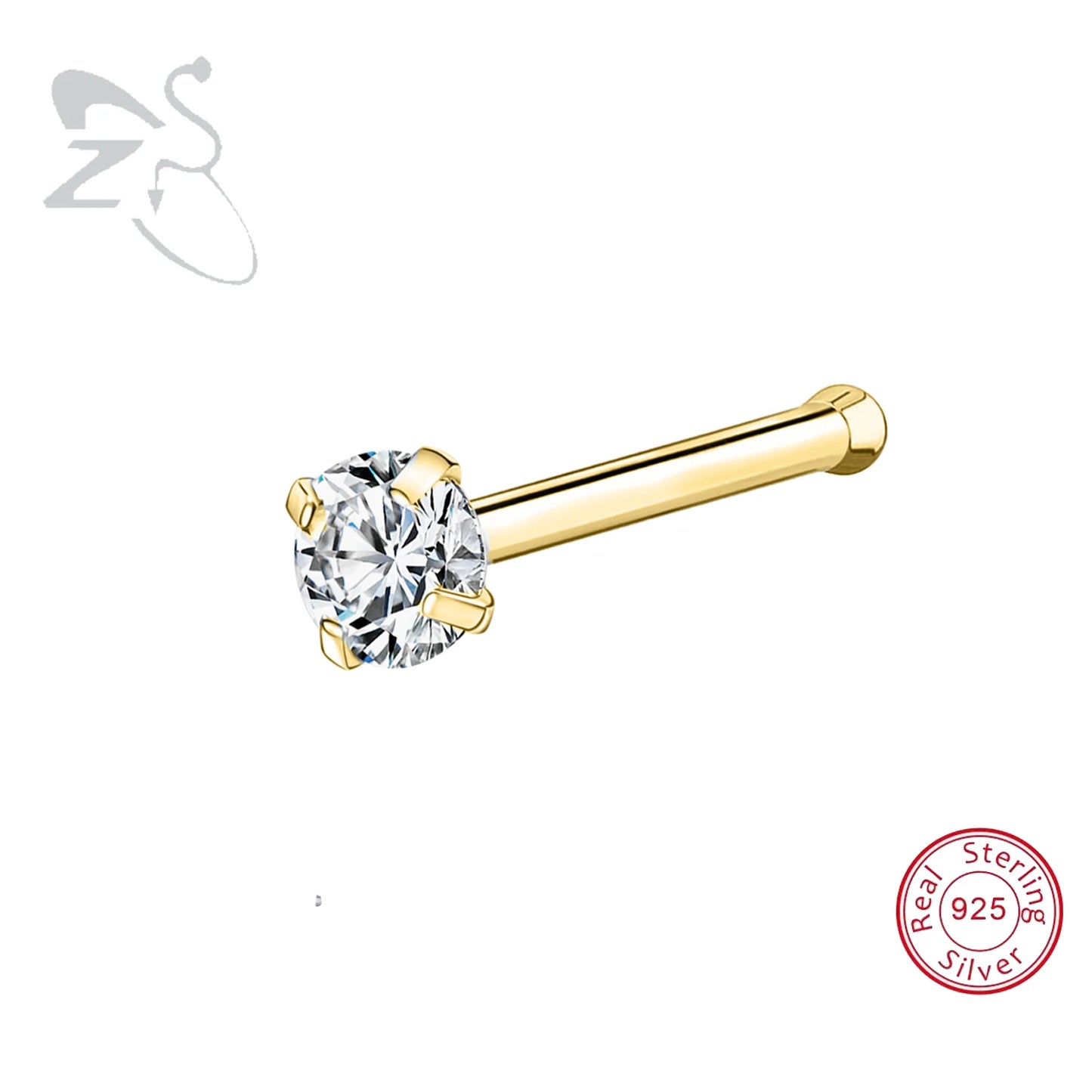 Elegante 925 Sterling zilveren L-vormige neussteker met gouden kleur kristal - Perfect voor neuspiercing (2-3,5 mm)