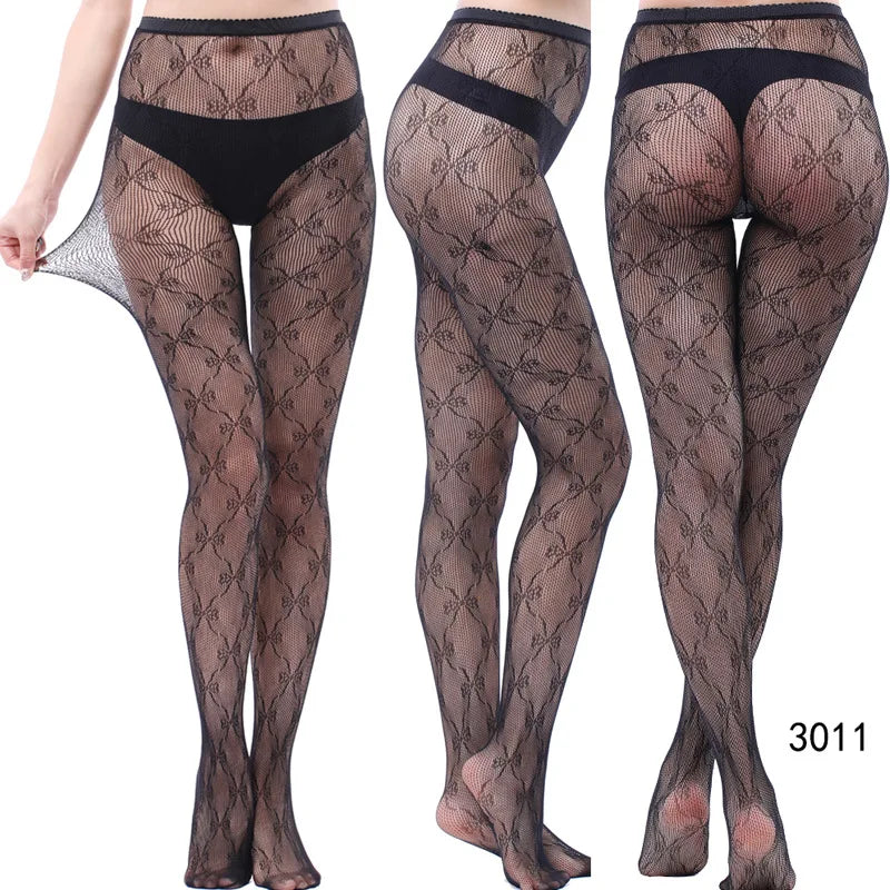 Verleidelijk Kant Viskouskous met Jacquard Weefsel – Naadloze Gotische Kousen met Garter en Ruitpatroon in Zwart