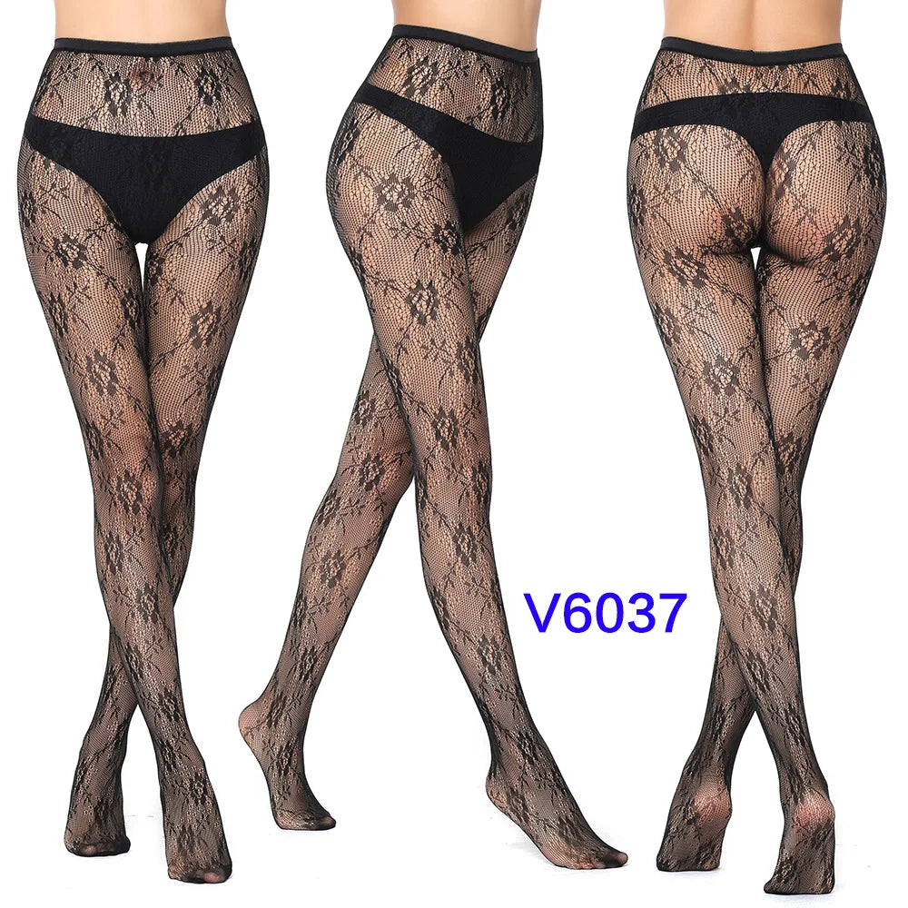 Verleidelijk Kant Viskouskous met Jacquard Weefsel – Naadloze Gotische Kousen met Garter en Ruitpatroon in Zwart
