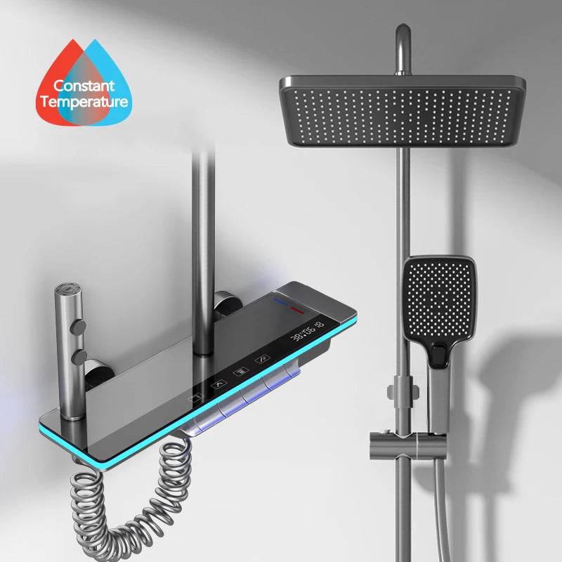 Luxe Badkamer Douche Systeem met Verlichte Kenmerken, Veilig Glas, Piano Toetsontwerp, Slim Digitale Thermostaat Mengkraan – Compleet Set