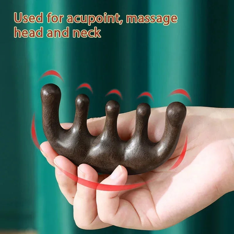 Revitaliseer je hoofdhuid met de Meridian Massage Kam - Vijf-tands handvatloze acupunctuurtool voor verbeterde bloedsomloop, gemaakt van luxe sandelhout