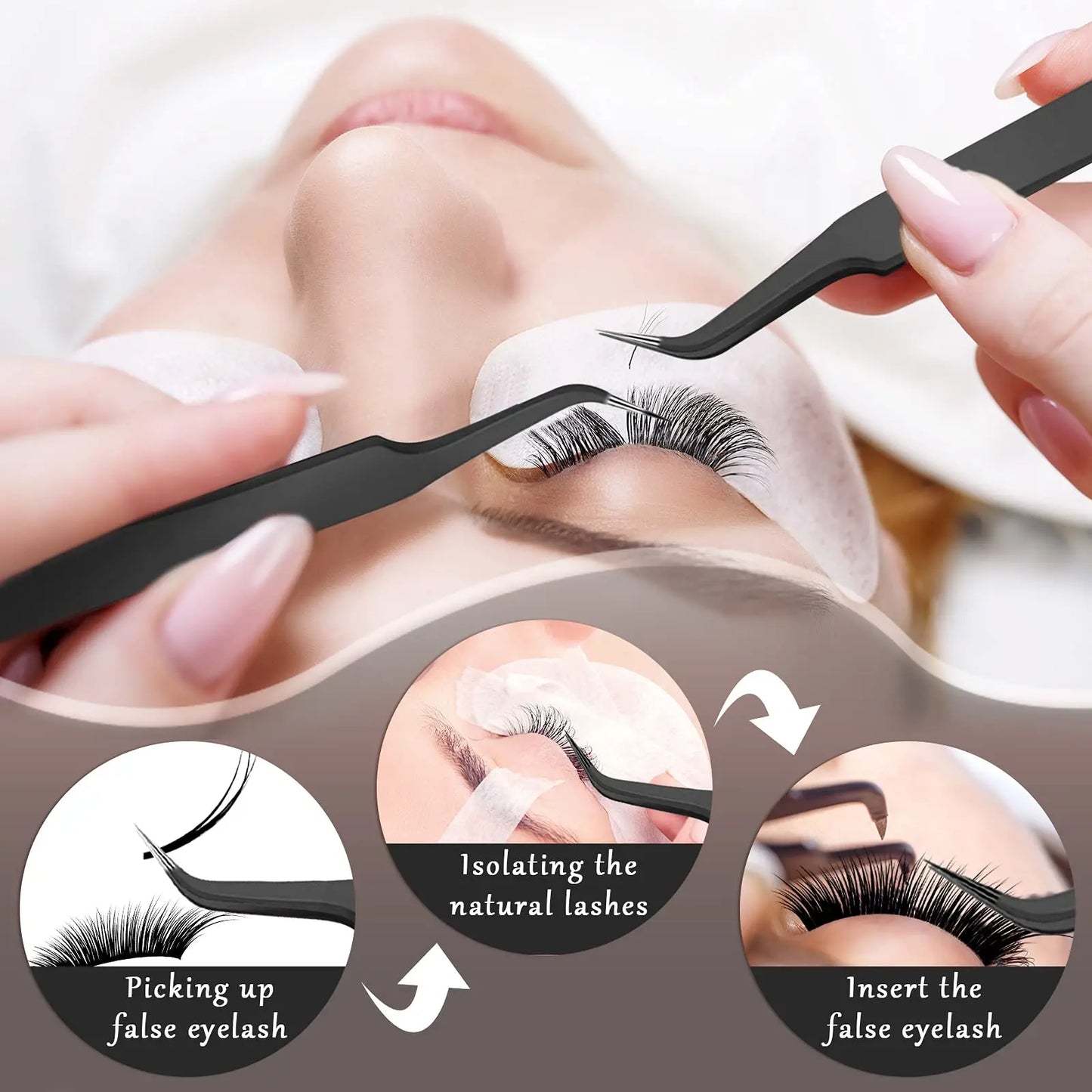 Deluxe 1/9 Stuk RVS Gebogen Punt Wimperverlenging Tangen Set met Beschermhoes - Precisie Puntige Tips voor Perfecte Toepassing