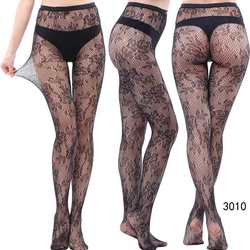 Verleidelijk Kant Viskouskous met Jacquard Weefsel – Naadloze Gotische Kousen met Garter en Ruitpatroon in Zwart