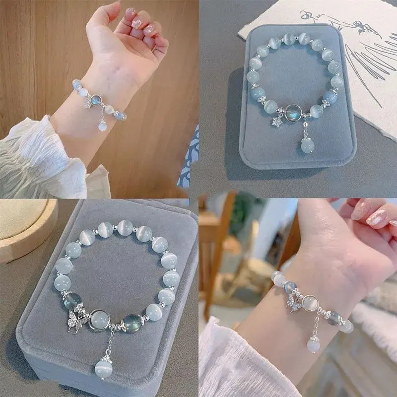 Elegante Vijfpuntige Ster Armband met Kattenoog Maansteen Kristallen - Luxe Elastisch Ontwerp voor een Vleugje Glamour