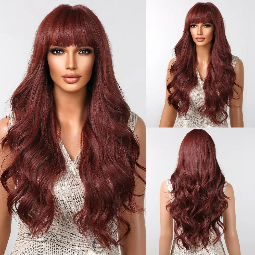 Luxe Lange Bruine Golvende Pruik met Pony - Hittebestendige Natuurlijke Look voor Dagelijks Gebruik en Cosplay