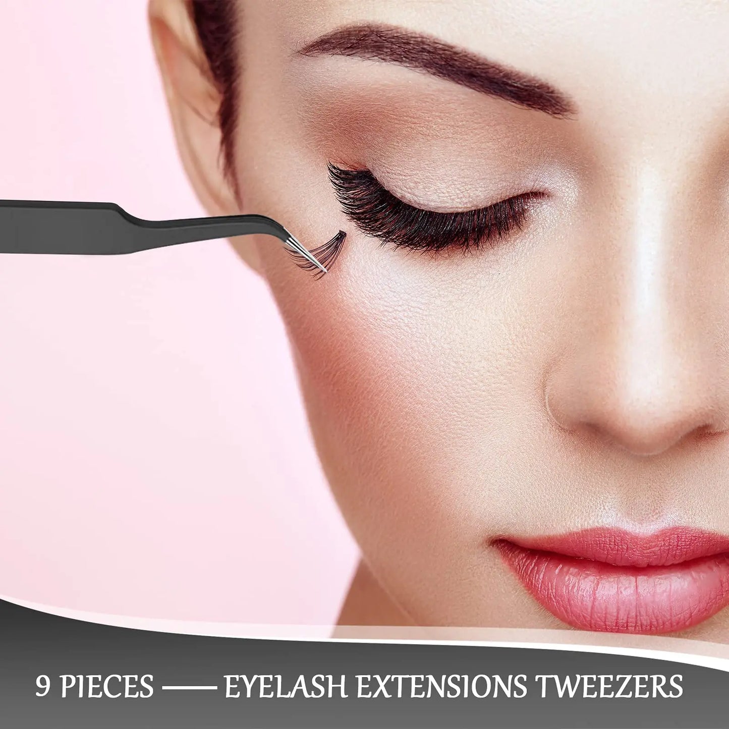 Deluxe 1/9 Stuk RVS Gebogen Punt Wimperverlenging Tangen Set met Beschermhoes - Precisie Puntige Tips voor Perfecte Toepassing