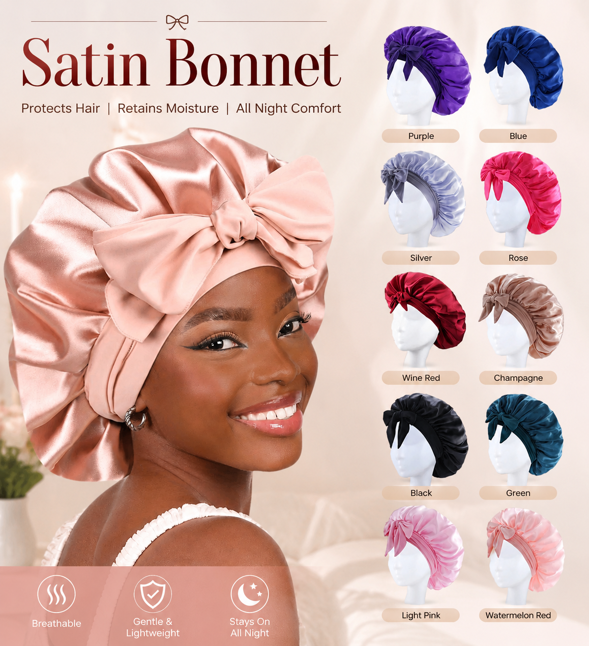 Premium Satin Sleep Bonnet – 7-Day Overnight Hair Protection Set