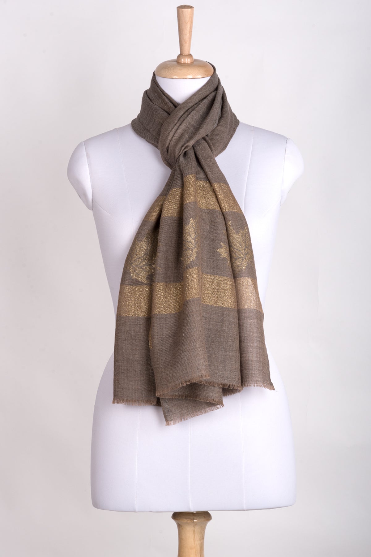 Gold Maple Leaf Border Cashmere Wool Scarf - Beige-1