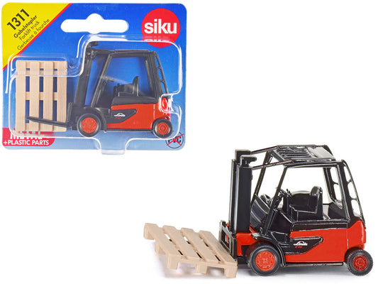 Linde E35 Forklift Truck Red with Black Top with Pallet Accessory Diecast Model by Siku-0