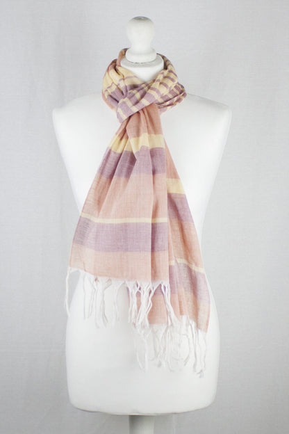 Chambray Stripe Cotton Scarf - Orange Red Yellow-1
