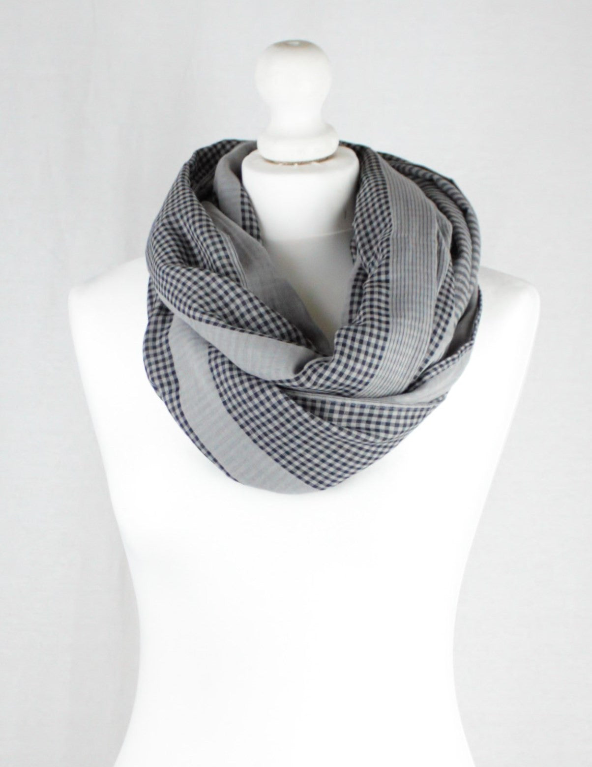 Checks and Stripes Cotton Scarf - Cement Black-1