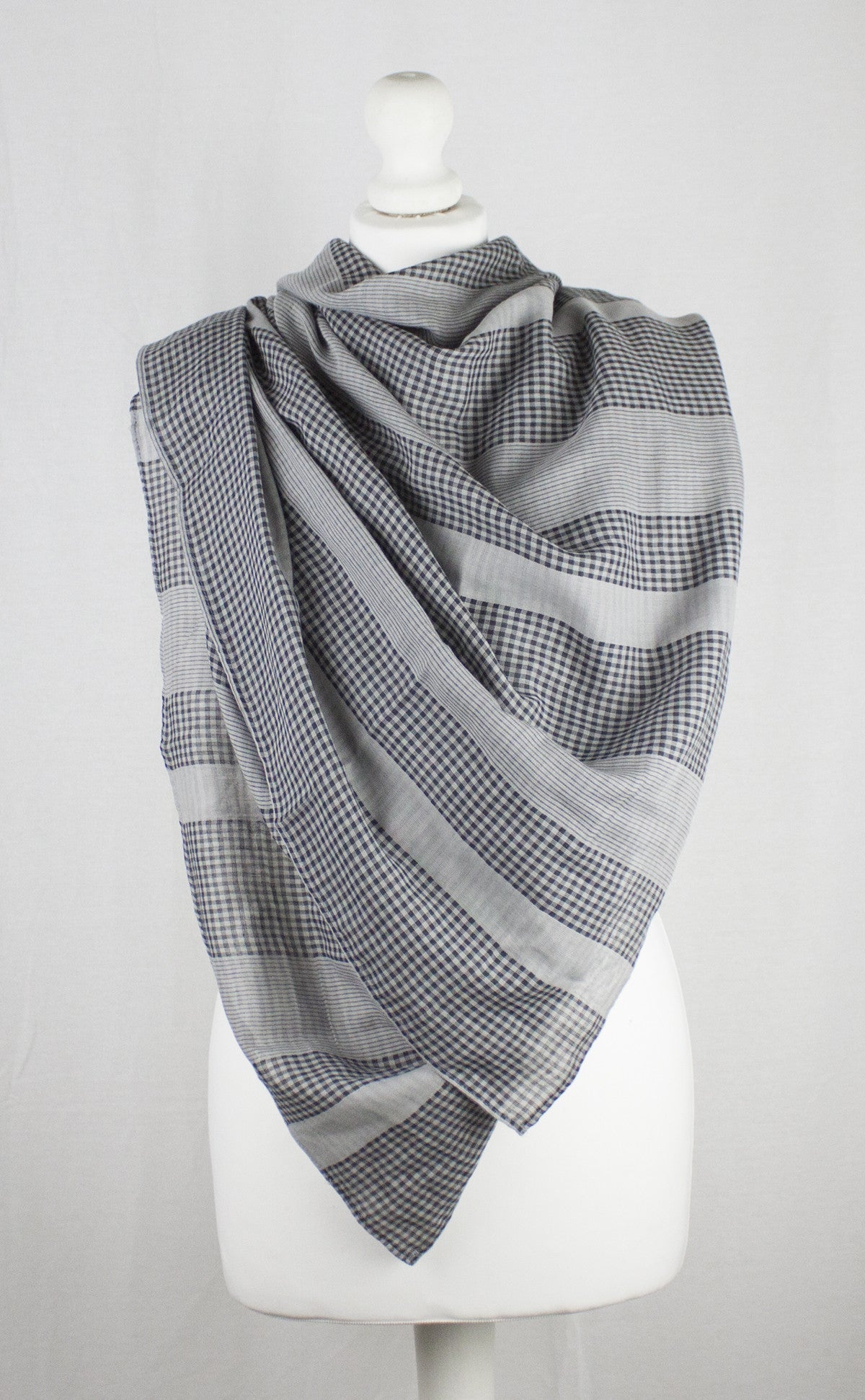 Checks and Stripes Cotton Scarf - Cement Black-2