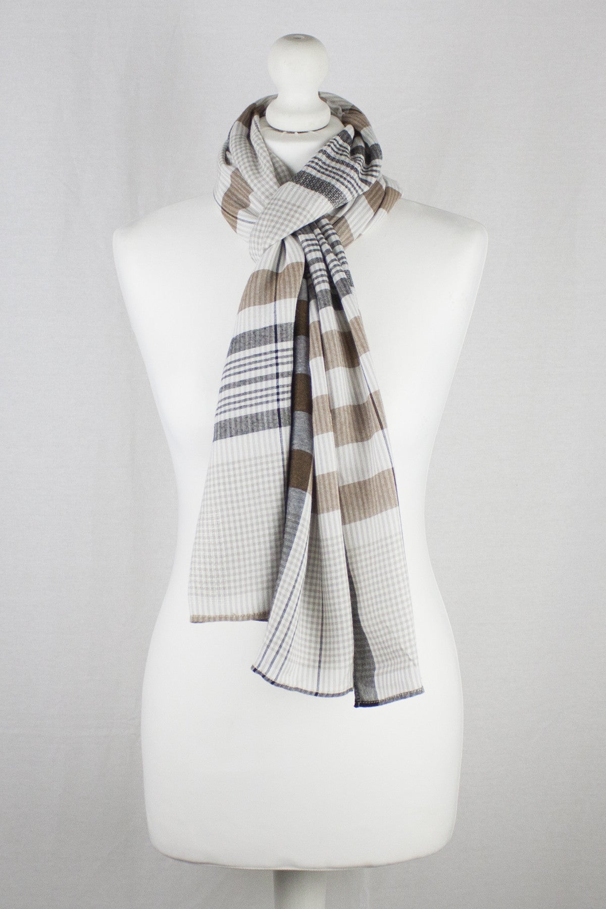 Checks and Stripes Textured Weave Viscose Scarf - Beige Black Off-White-1